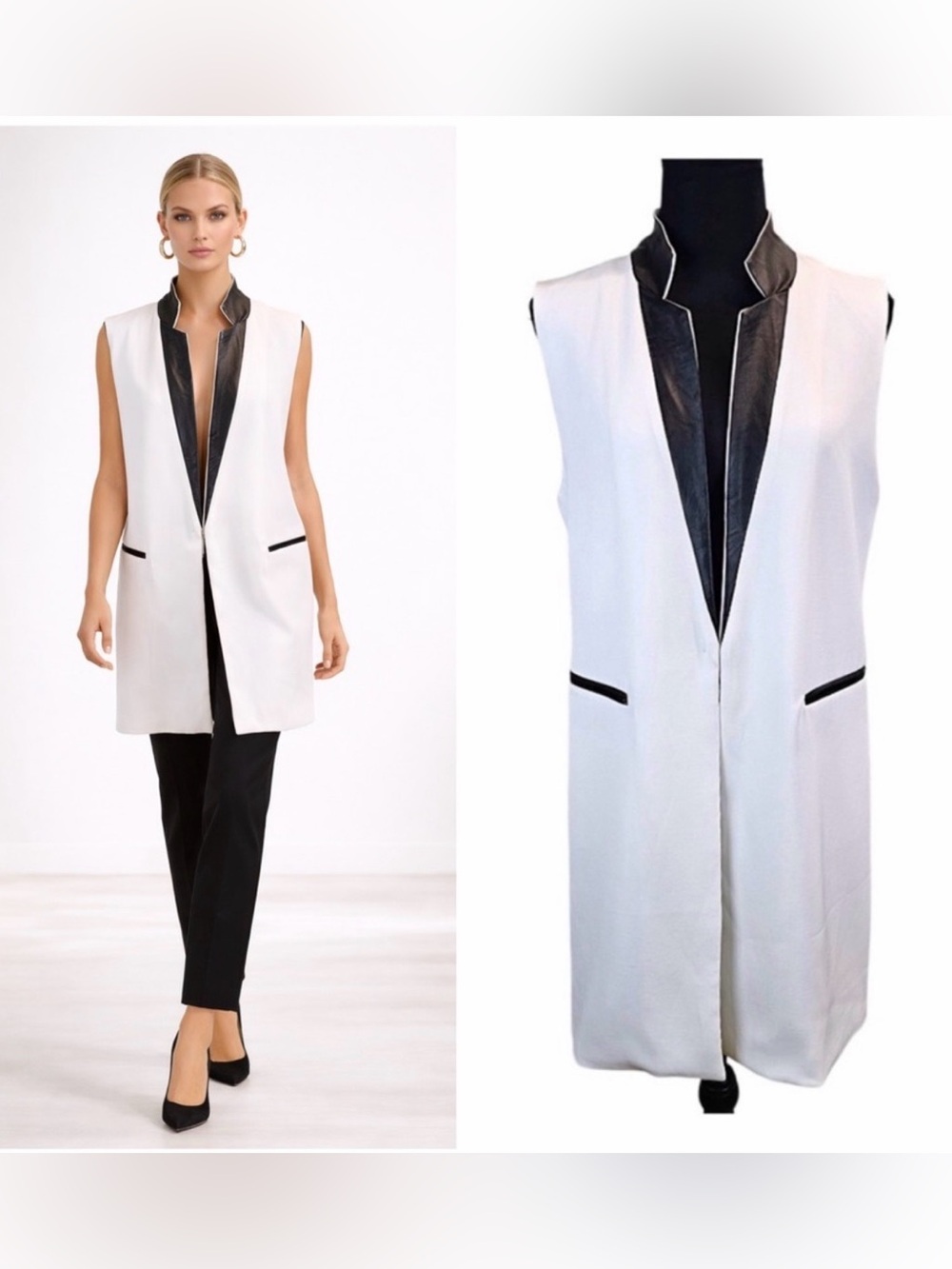 Luii Vegan Leather Collar Sleeveless Longline Blazer Jacket Small White Modern